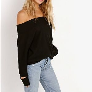 LNA off the shoulder black waffle top